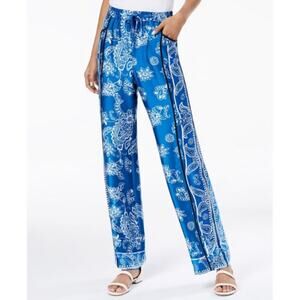 Inc International Concepts Blue Print Wide Leg Elastic Silky Pants NWTS Large